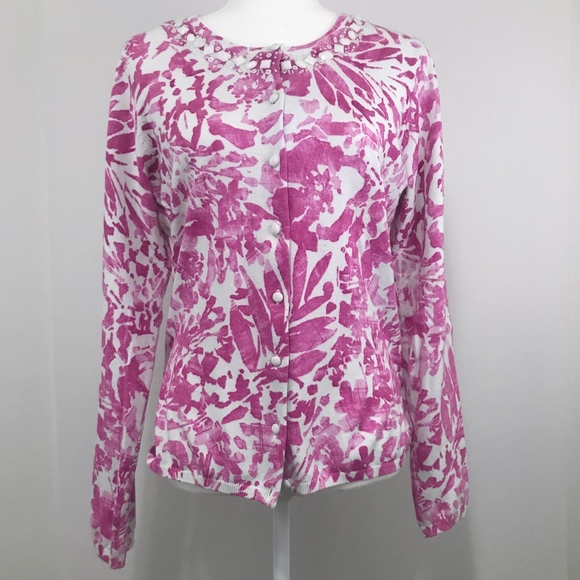 Susan Bristol Sweaters - Susan Bristol Pink and White Embellished Cardigan